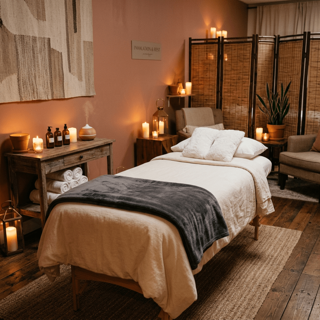Massage bed with white linens and pillows in a warmly lit spa room with candles and plants